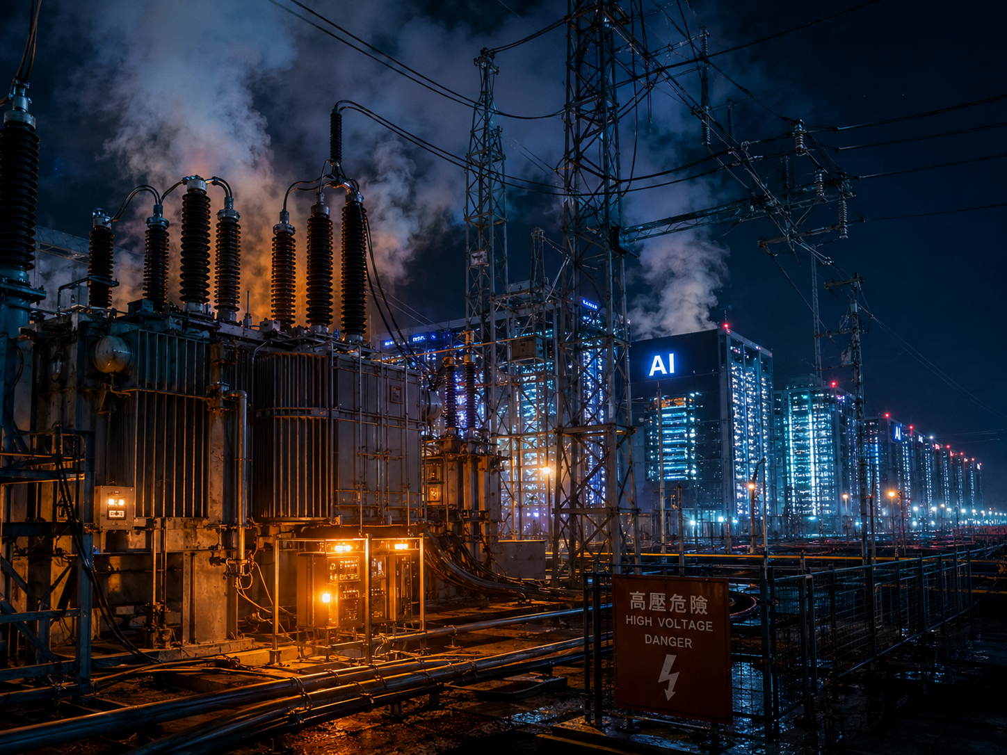 夜間高壓變電站、電塔、蒸汽與遠方資料中心並置,呈現 AI 熱潮背後耗電、電網與基礎設施壓力。