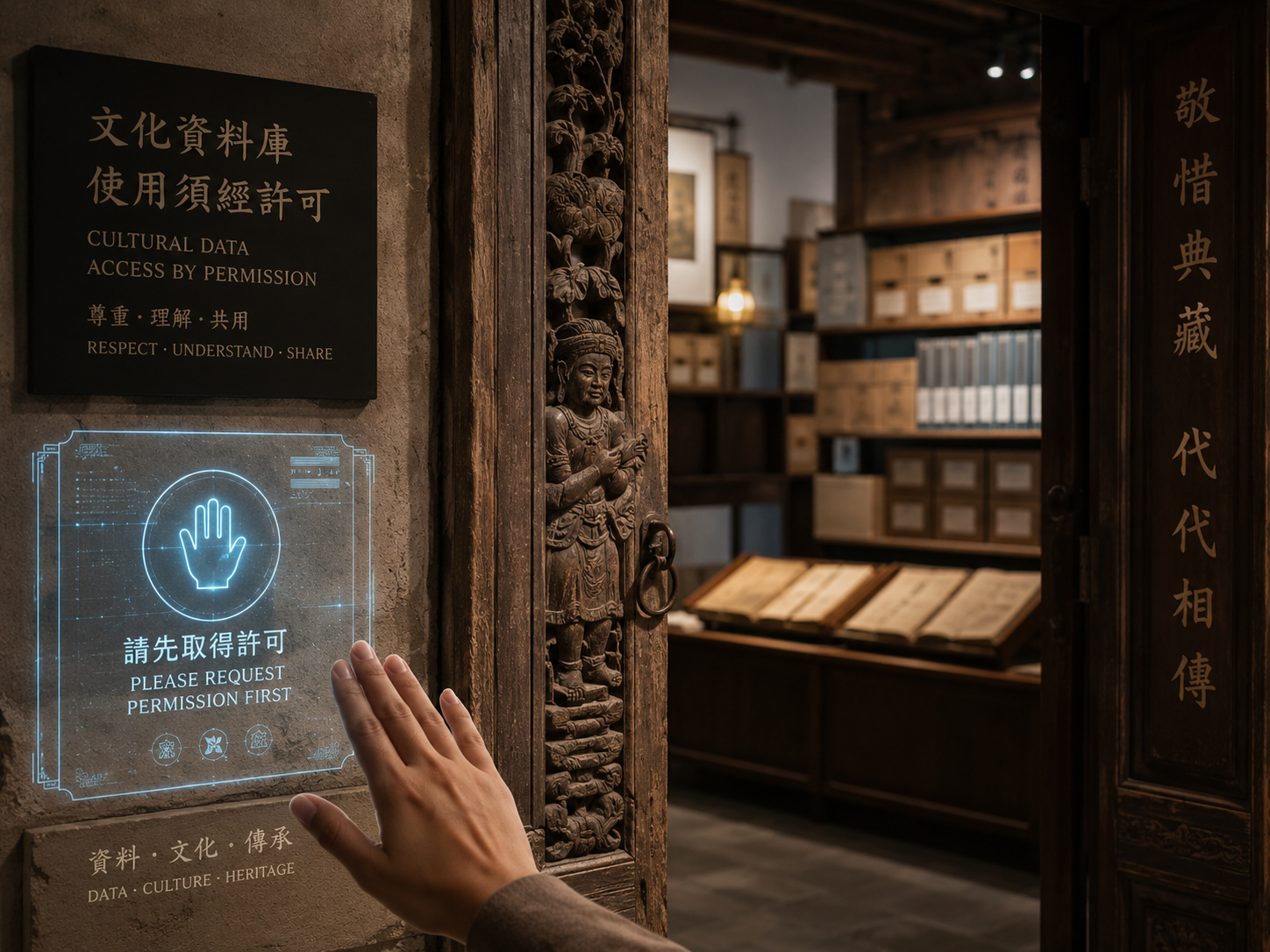 一扇通往文化典藏空間的木門旁，數位權限介面與手勢感應投影並置，象徵文化資料使用前必須先取得同意。