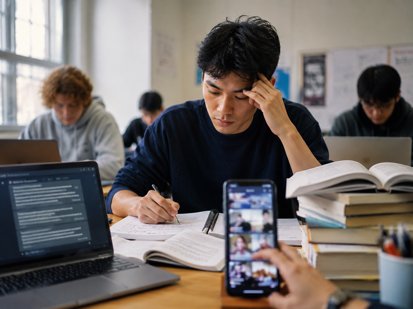 學生在書本、筆記、電腦與手機短影音之間學習，象徵注意力、AI摘要與深度閱讀的拉扯。