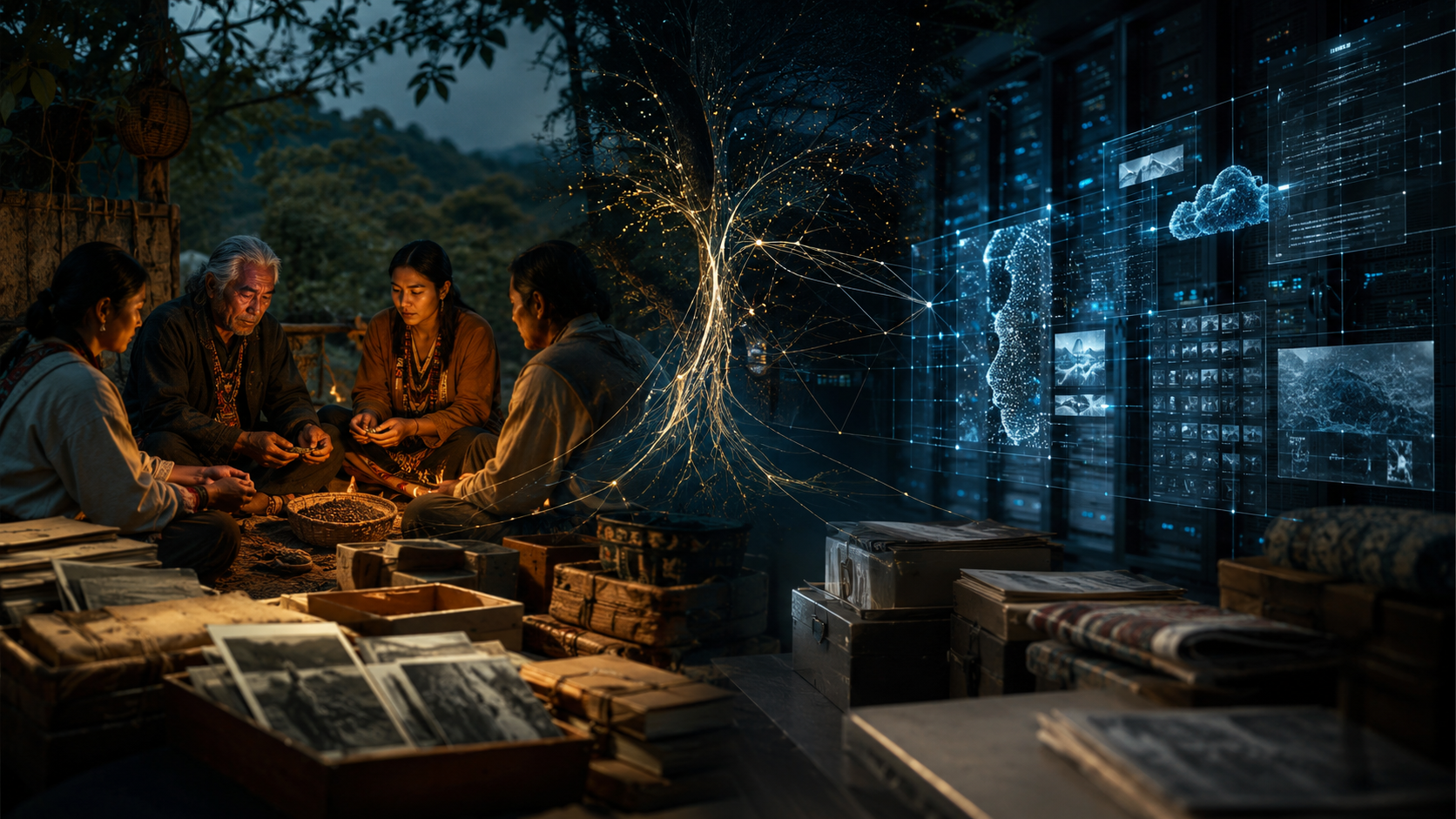 Community elders and younger generations organizing cultural data, the tree of traditional knowledge connecting to a digital server and interface on the right.