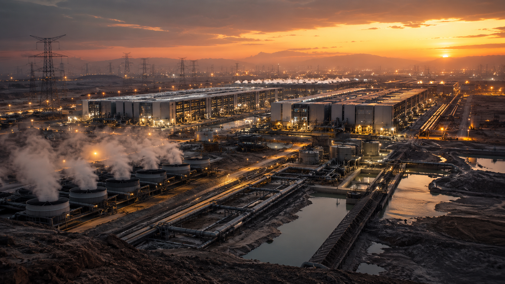 Large AI data center and industrial cooling facilities at sunset, with visible power towers, pipelines, and water bodies, depicting high-energy infrastructure.