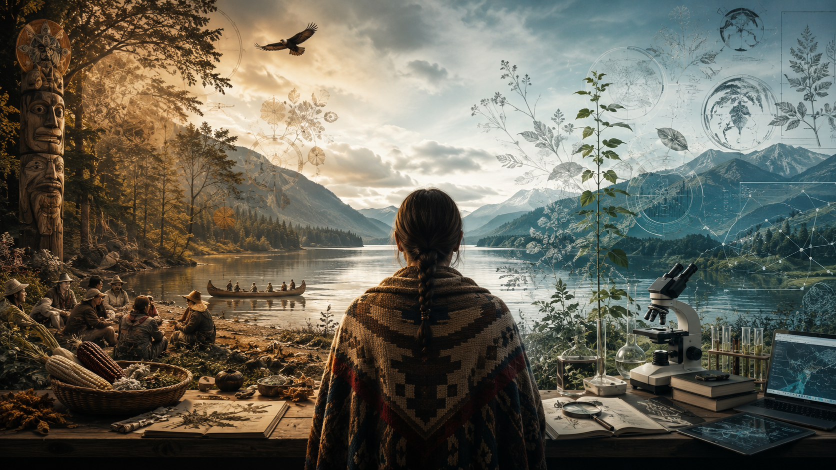 Lakes, mountains, communities and scientific tools juxtaposed, symbolizing the mutual seeing and coexistence of traditional knowledge and scientific methods in Two-Eyed Seeing.