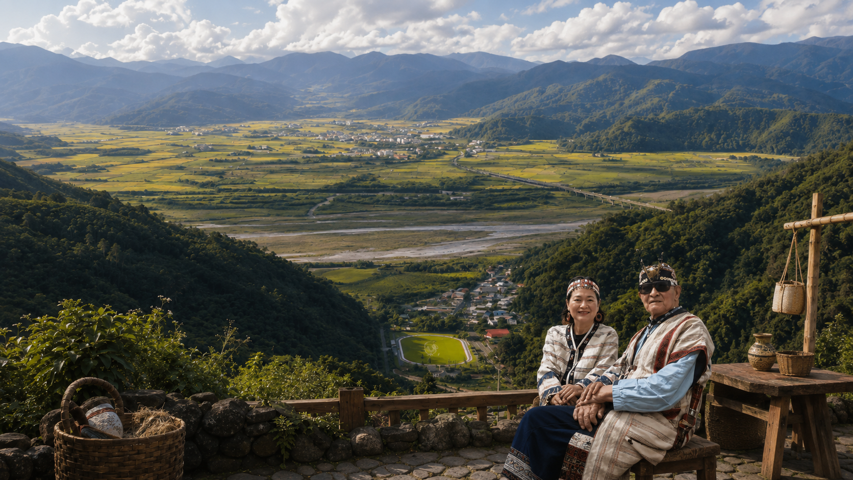 兩位穿著傳統服飾的人坐在山谷觀景處,遠方可見聚落、田野、河流與群山。