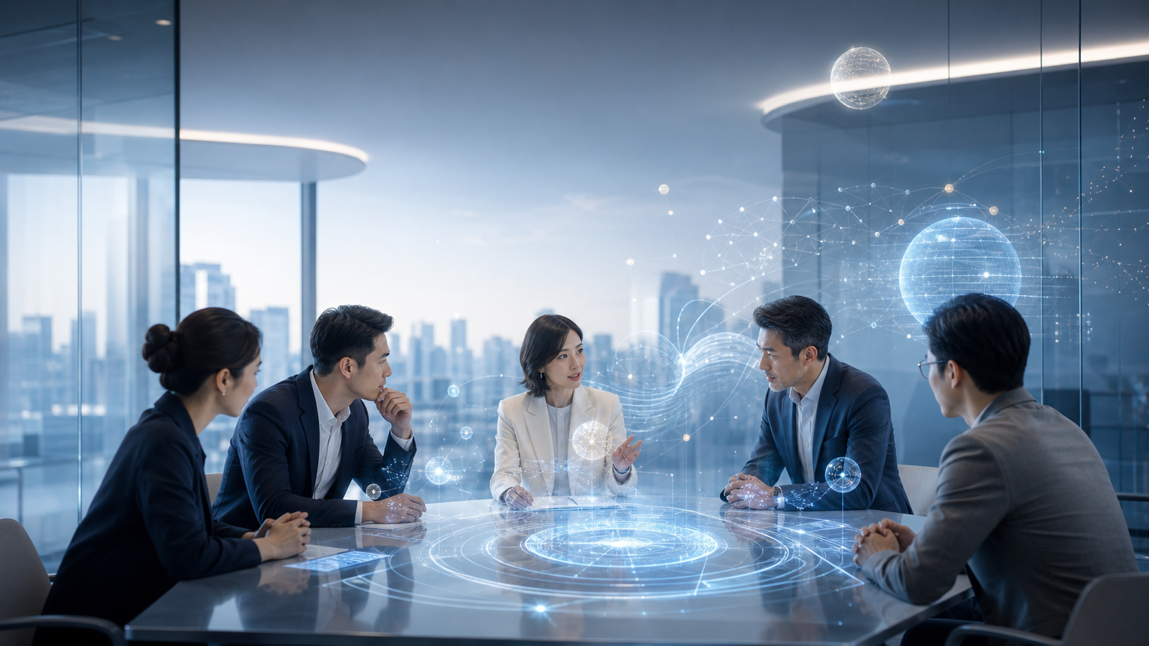 現代企業會議室中,管理者圍繞發光桌面討論,抽象光點與連線象徵AI參與組織決策。