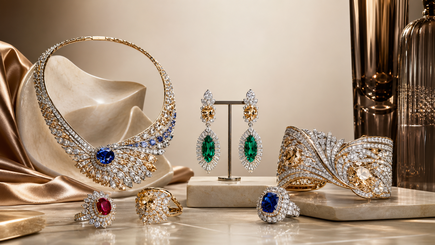 Diamonds, sapphires, emeralds, and red gemstone jewelry displayed in a champagne-colored studio setting.