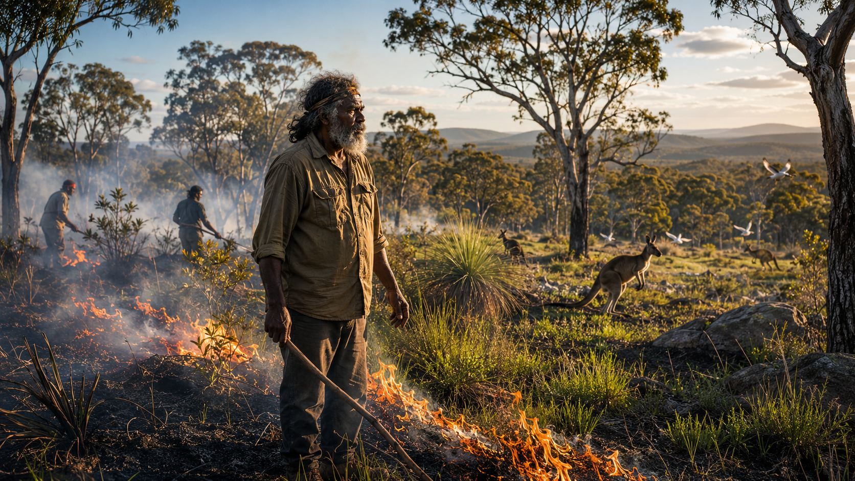 In an Australian woodland, Indigenous elders and community members conduct low-intensity flame cultural fire land management.