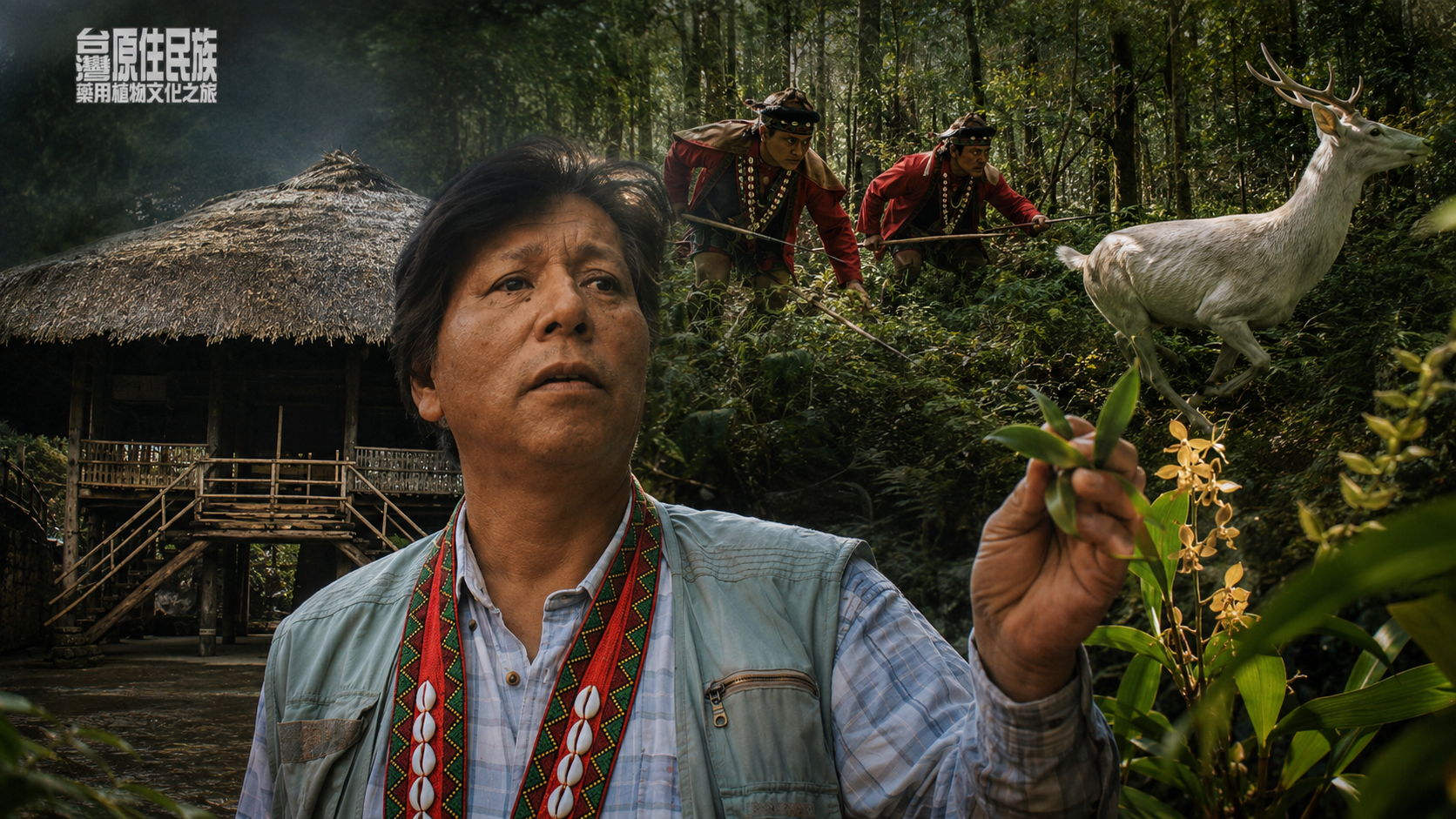 高德生老師手持植物，背景結合鄒族庫巴、森林獵人與白鹿意象。