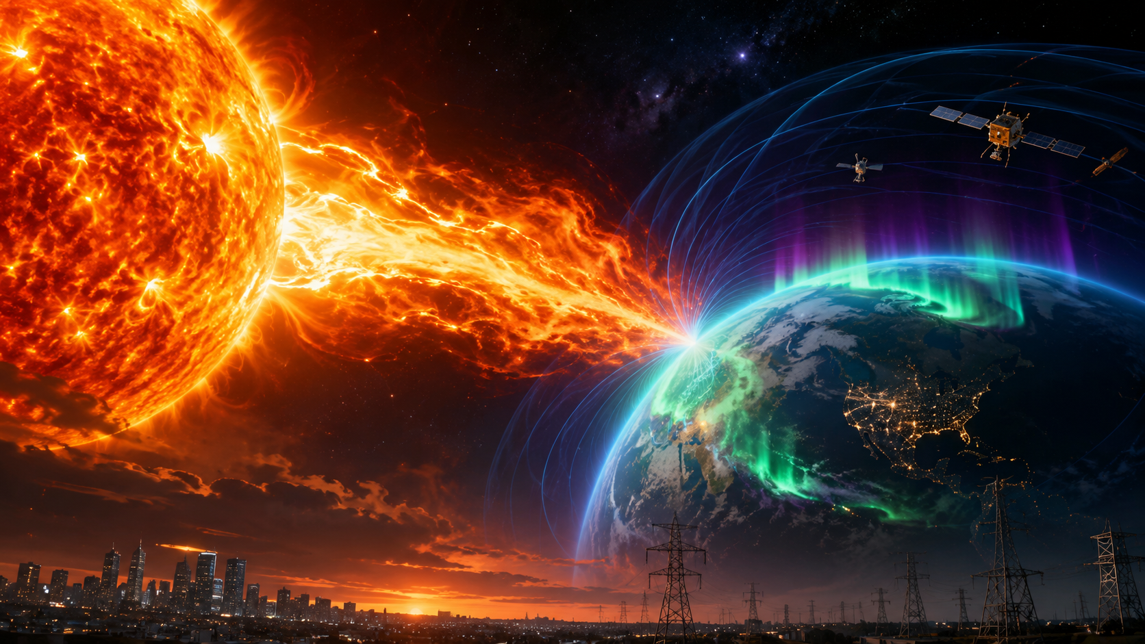 No-text aurora, solar storm, and Earth magnetic field scene