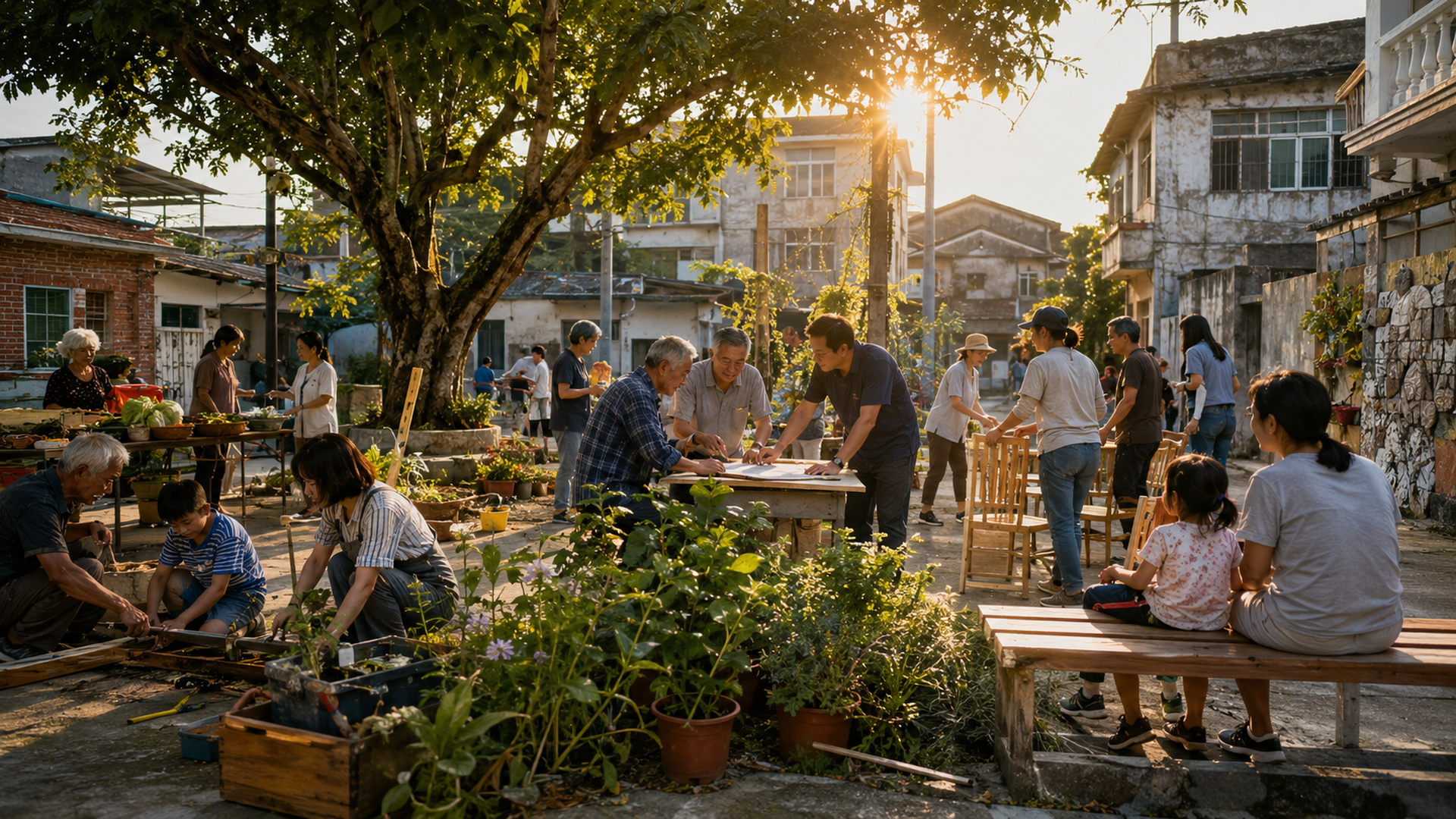 黃昏社區廣場中，不同世代居民共同整理花園、討論公共空間與擺設椅子
