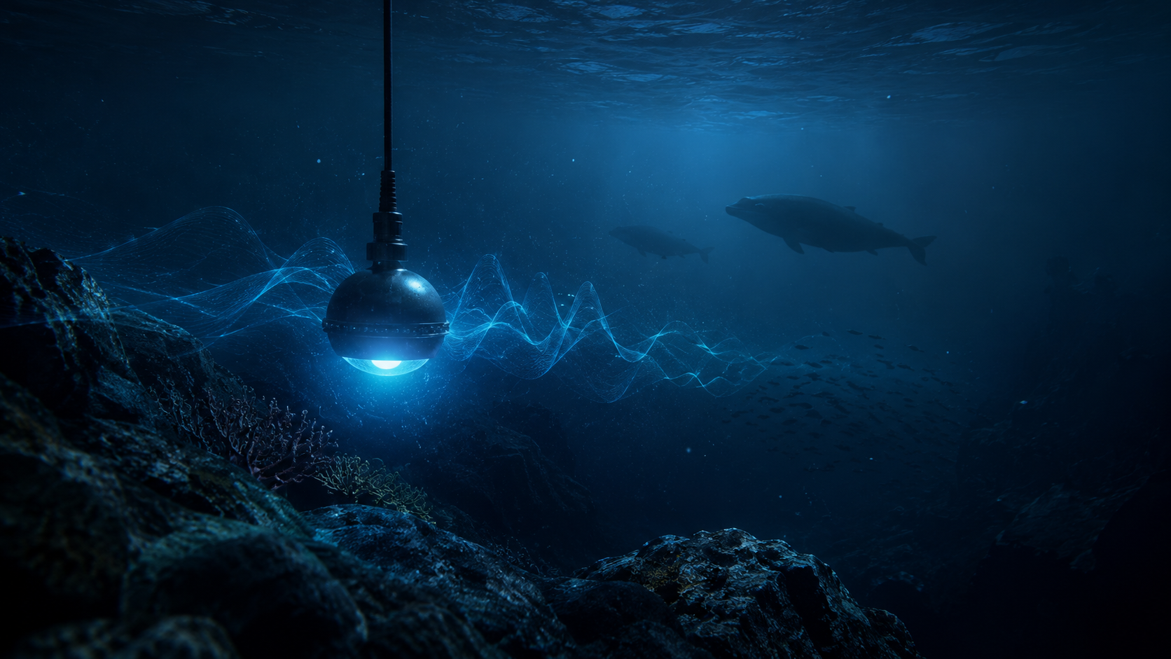 深海探測器、聲波與海洋巨鯨的深藍色場景