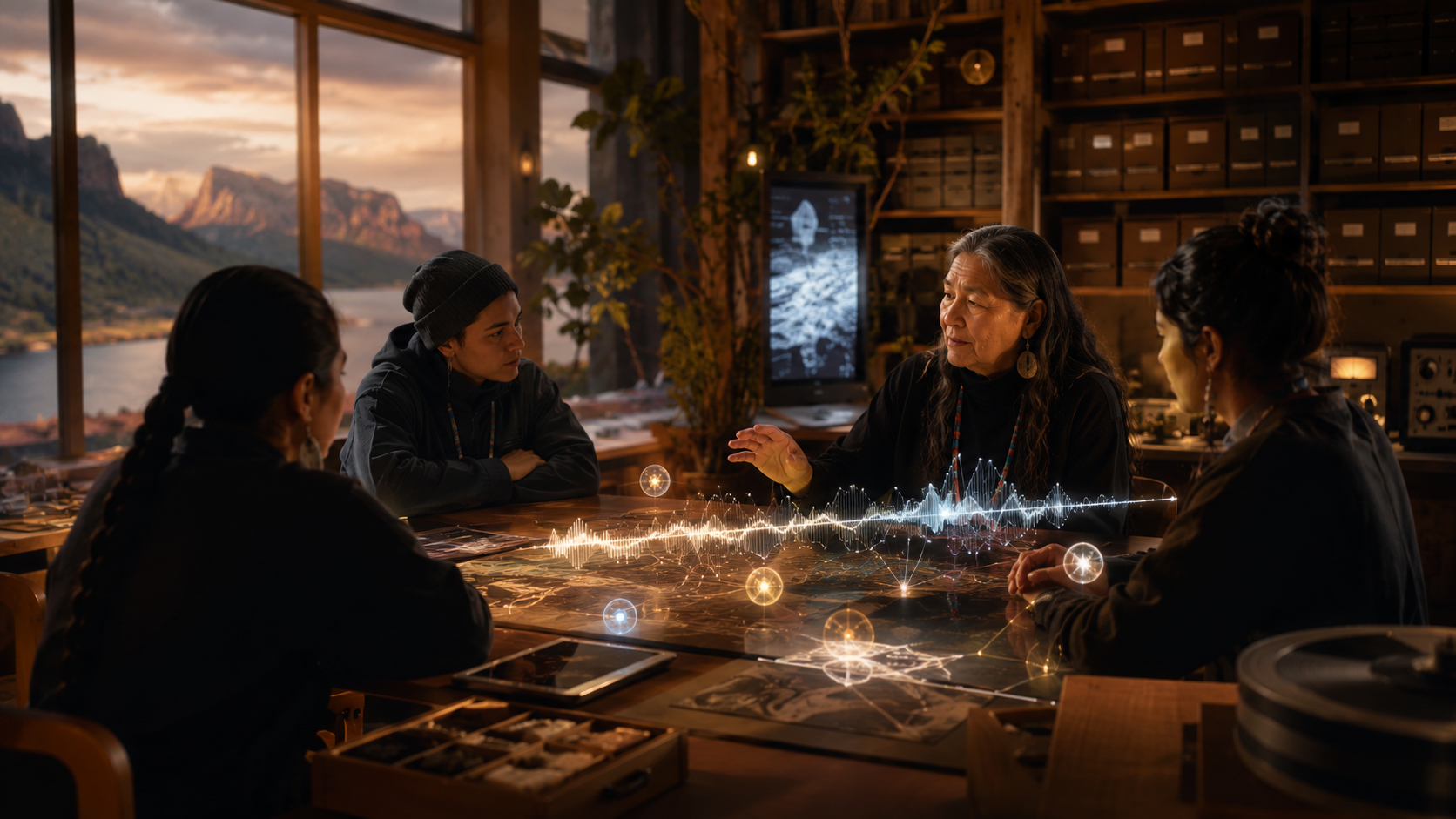 科技光線與自然環境和諧交融的文化資料治理象徵場景
