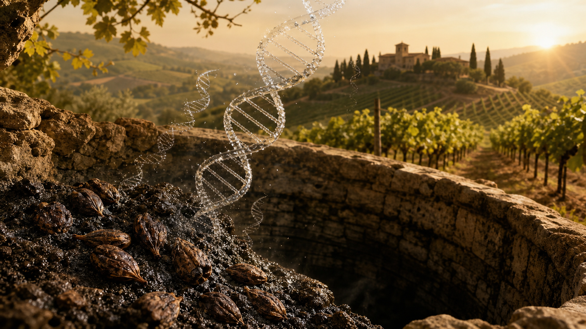 古井沉積物中的葡萄籽與透明 DNA 線條，遠方連接陽光下的托斯卡尼葡萄園。