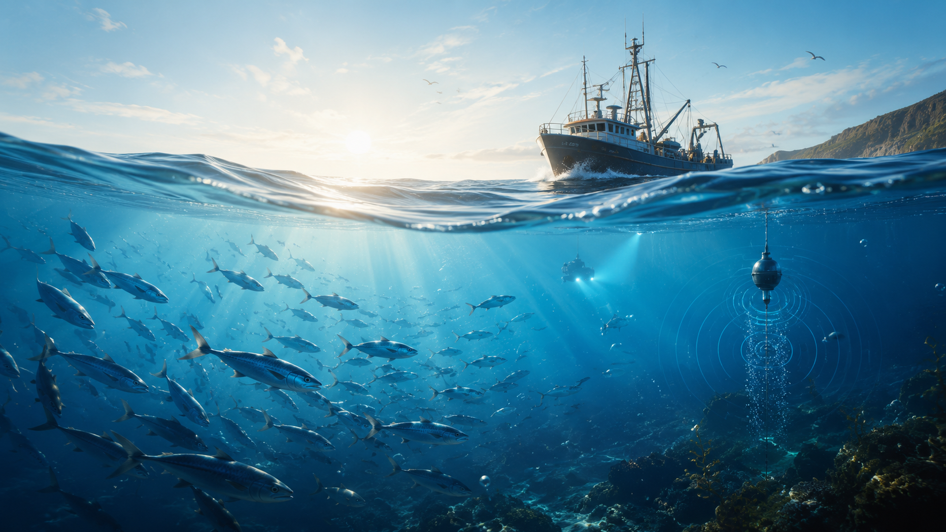海面上有漁船，水面下有魚群與聲學監測浮標。