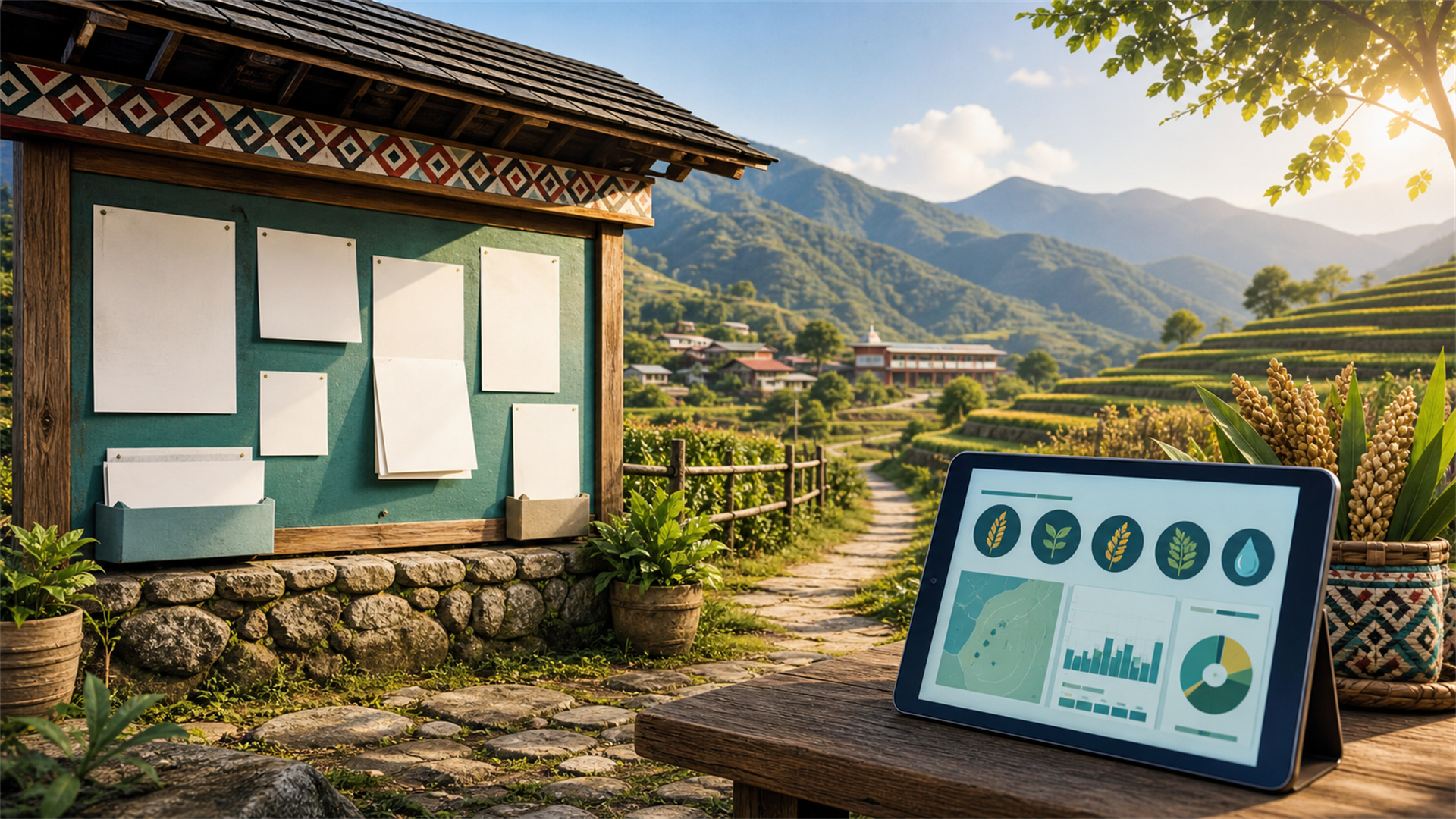 Conceptual illustration of a mountain village township office bulletin board, terraced fields, millet, and an abstract digital agriculture dashboard for policy observation