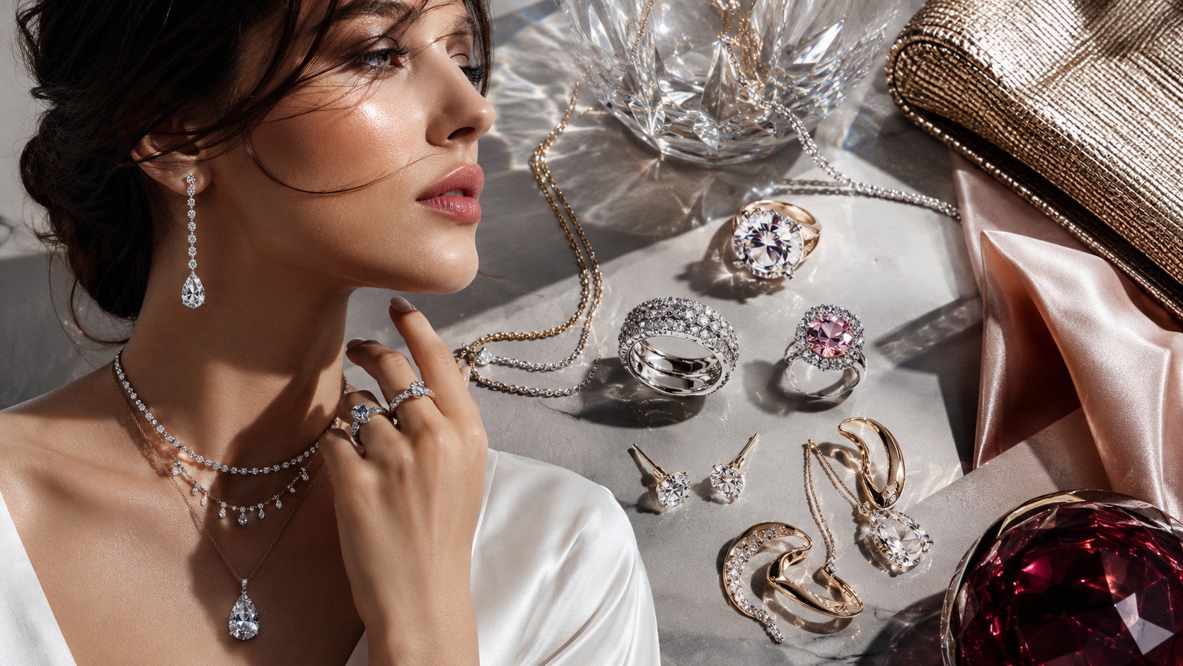 An elegant woman with multiple diamond jewelry pieces and high-end accessories in frame.
