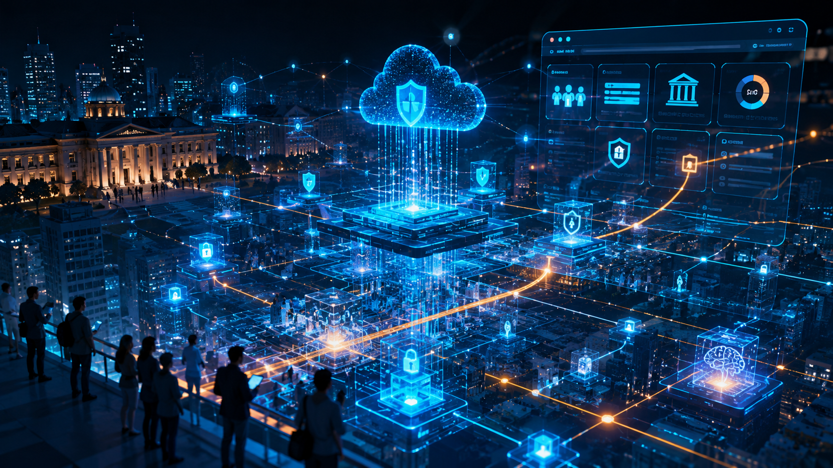 Cover image composed of a futuristic cityscape, cloud platforms, locks, and cybersecurity interfaces