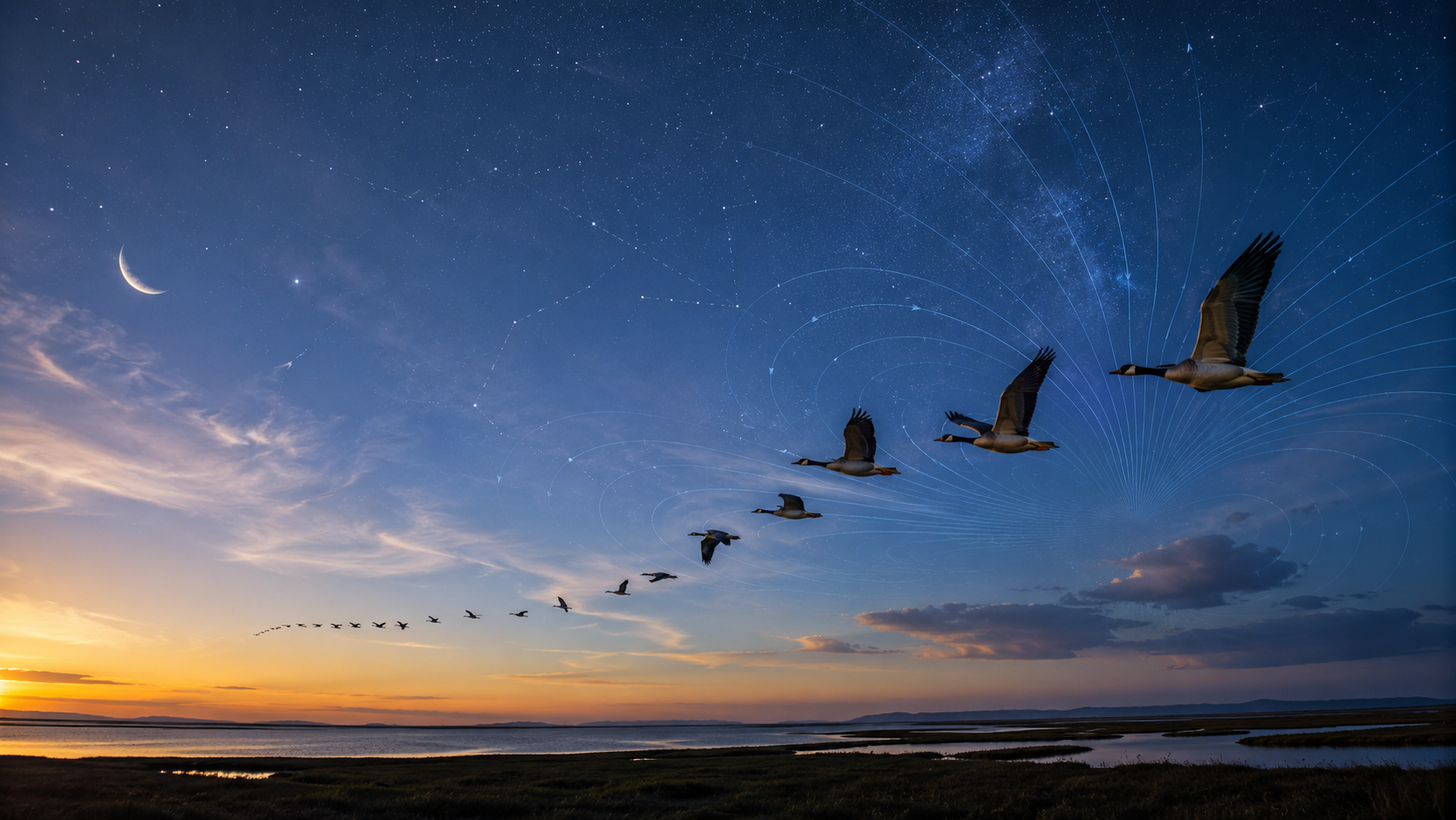Migratory birds flying over twilight wetlands and starry sky, with delicate magnetic field lines in the sky