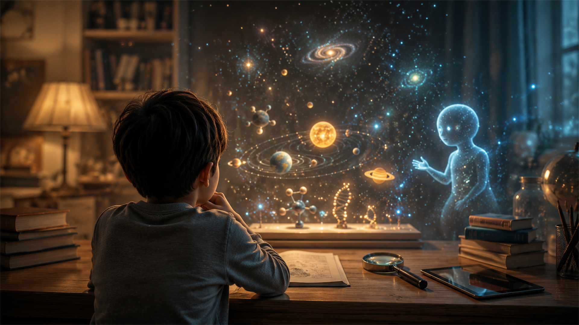 孩子背影坐在桌前看著發光微型宇宙模型，桌上有書本、放大鏡與平板，旁邊有柔和 AI 光影角色。