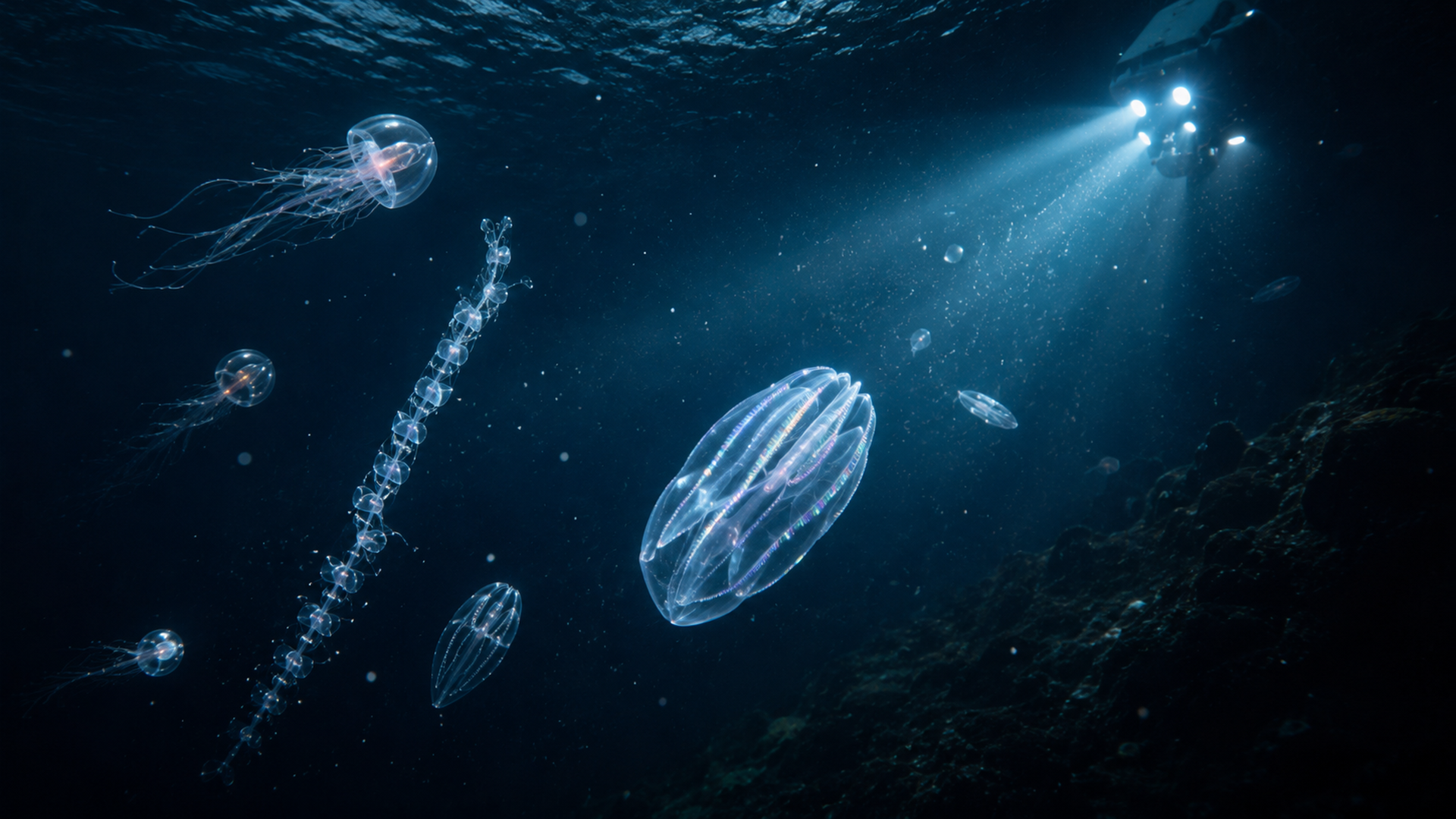 深藍色深海中層水域，透明水母、發光浮游生物與探測光束漂浮。