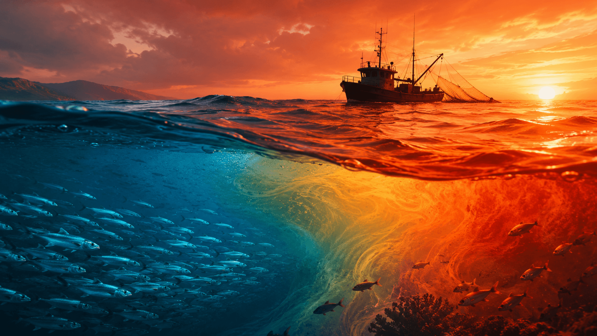 夕陽海面、漁船、水下魚群與暖流交會,呈現海洋熱浪與漁業韌性議題。
