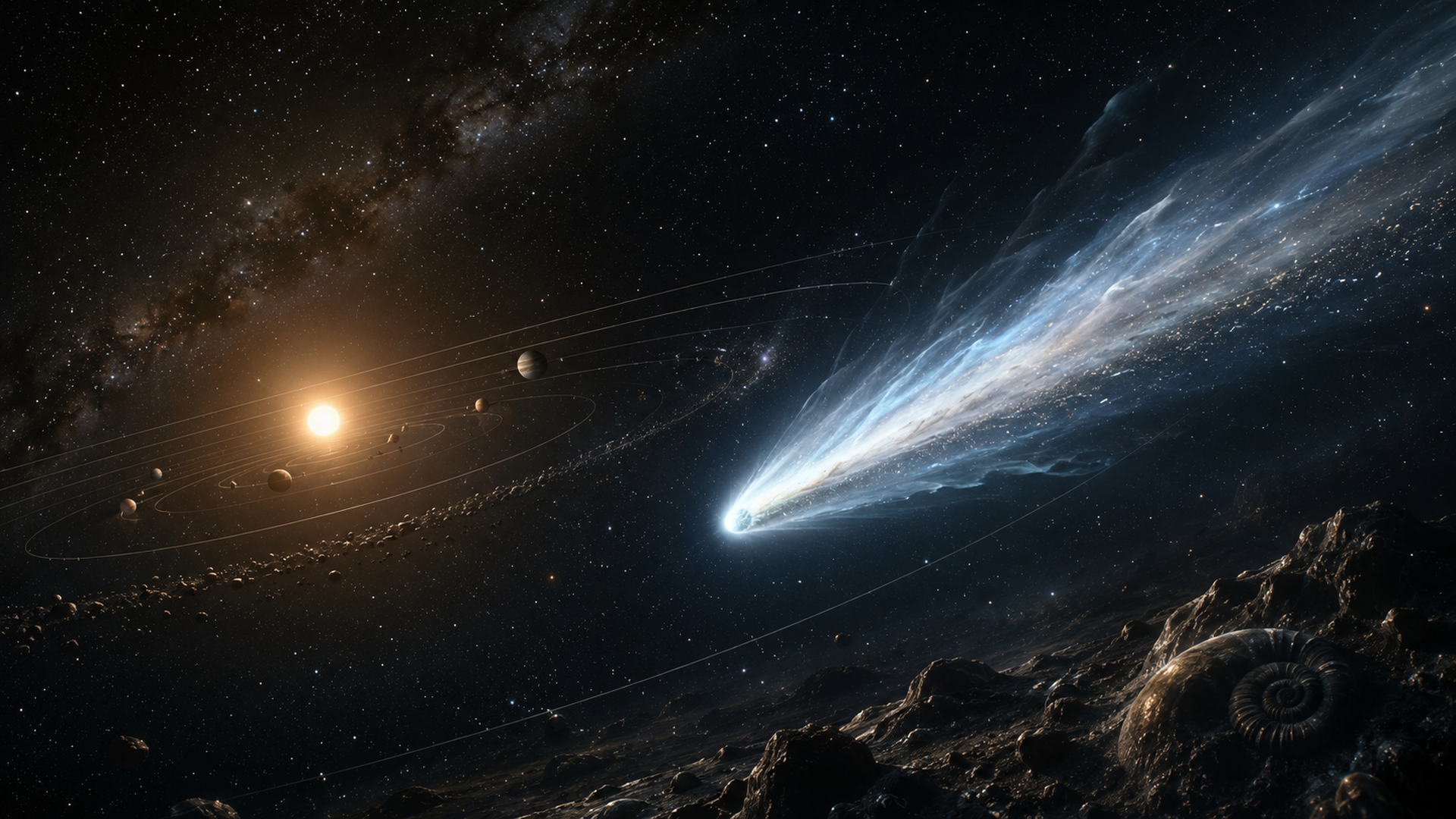 星際彗星掠過太陽系與行星軌道的壯闊景象