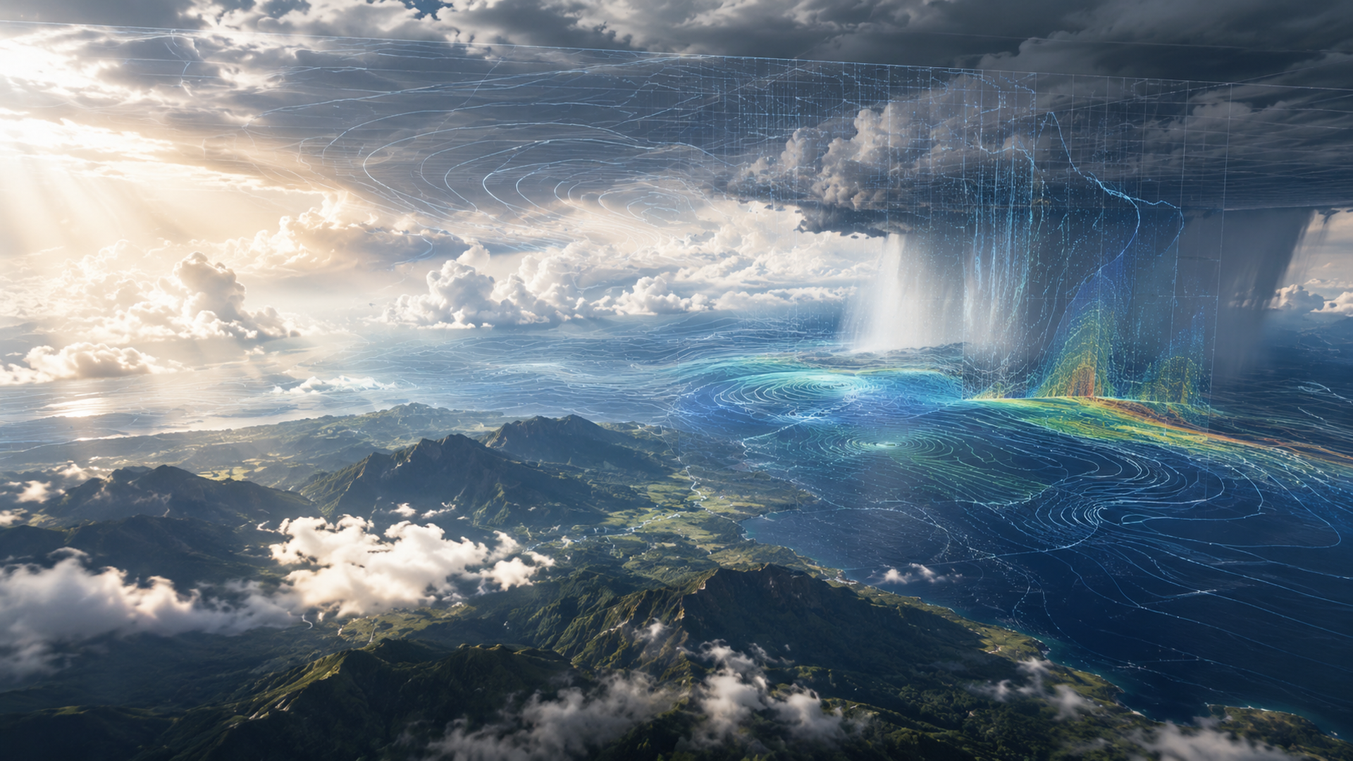 高空雲層、山脈、海面與氣象資料網格交疊的未來感影像，無文字