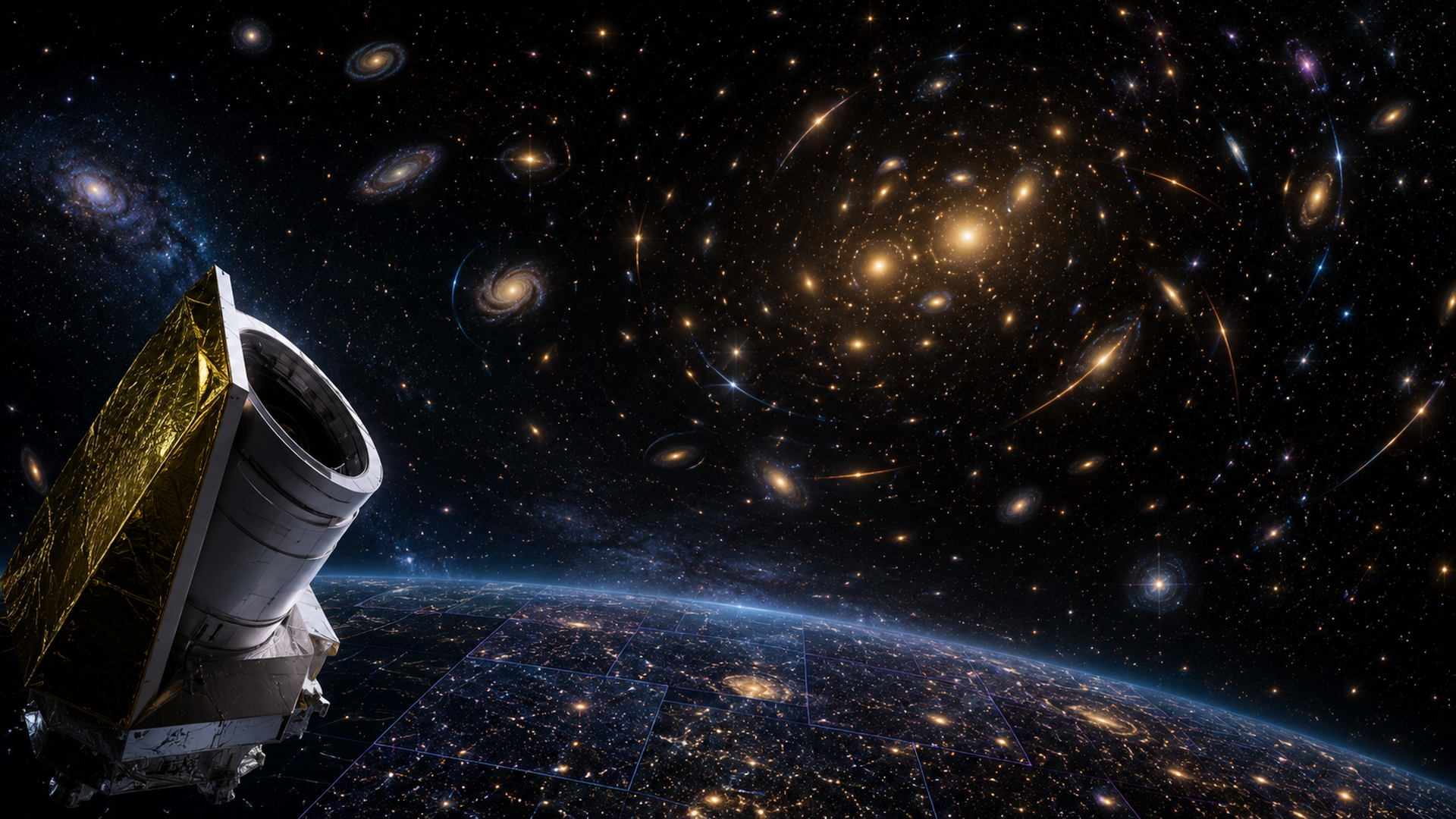 深藍與紫色宇宙深場中散布星系與微弱重力透鏡弧線的抽象影像，無文字