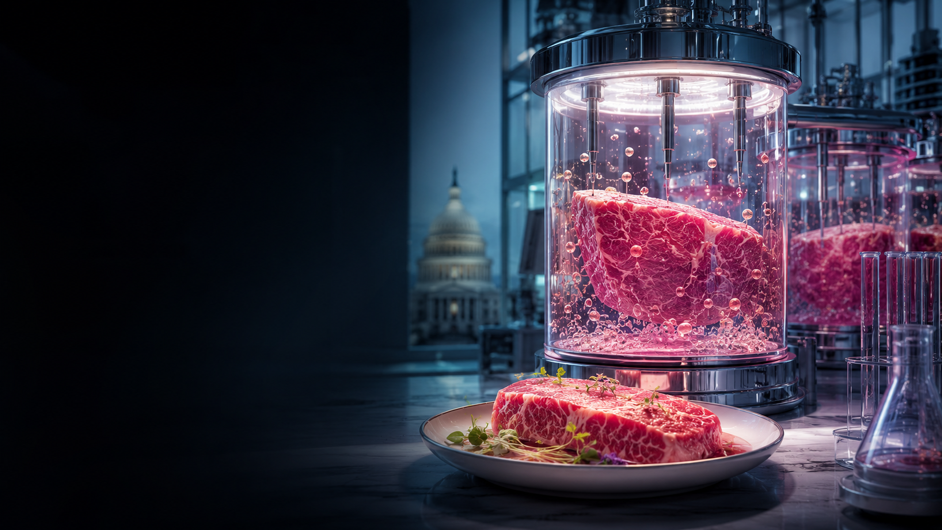 Lab bioreactor interior cultured meat with foreground dinner plate forming future food-tech scene, no text