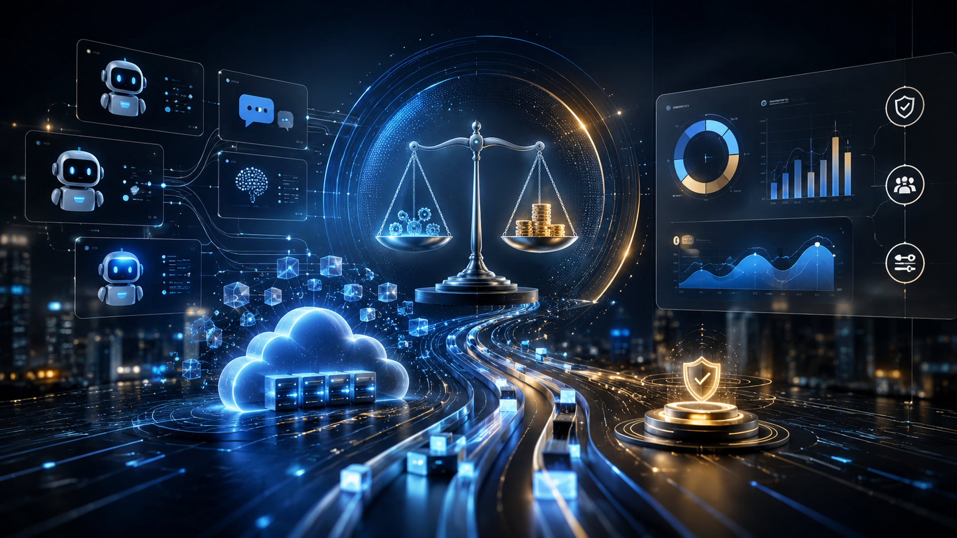 抽象科技儀表板中，AI agent、雲端系統、成本圖表與天平構成治理場景。