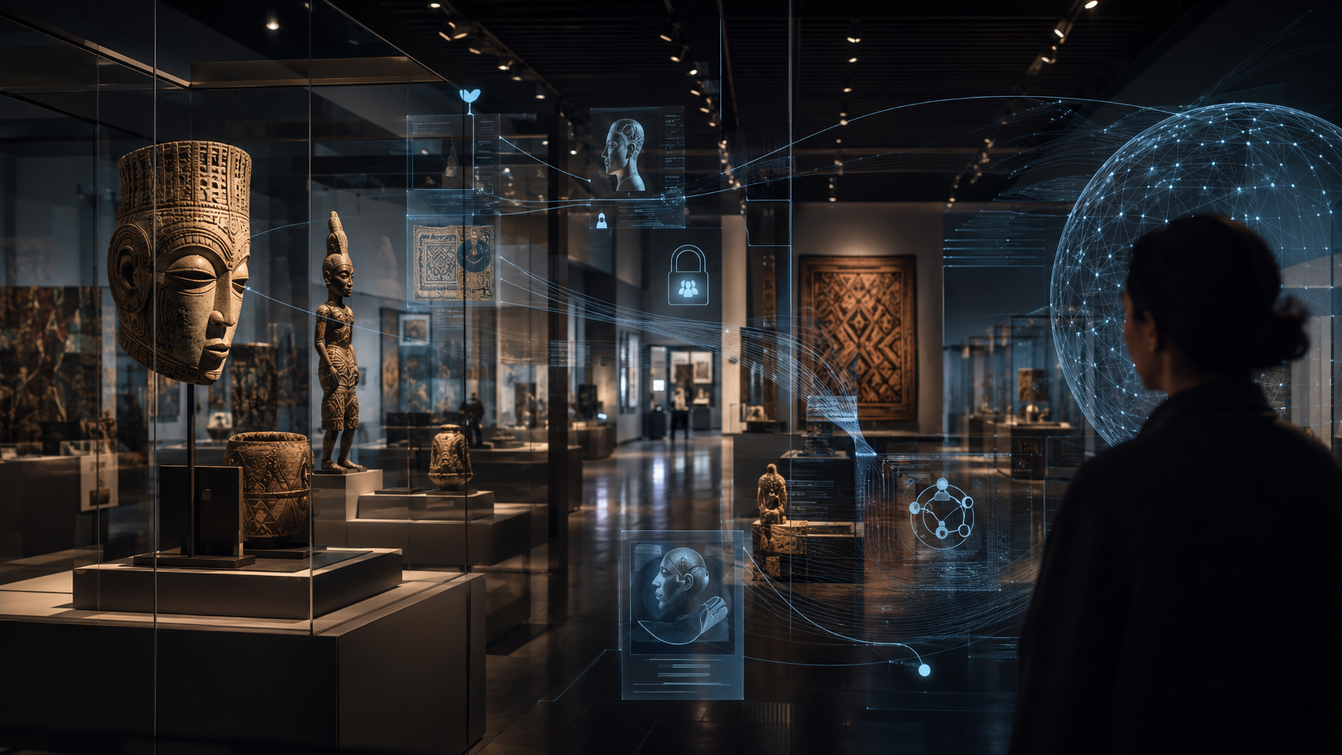 現代博物館展場中,文化物件與透明數位資料層交錯,象徵 AI 導覽、授權與資料倫理。
