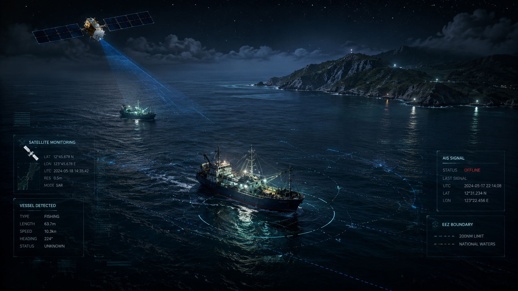 夜間海面上,衛星光束標記漁船航跡與船舶監控資料,呈現海洋治理與非法捕撈風險。