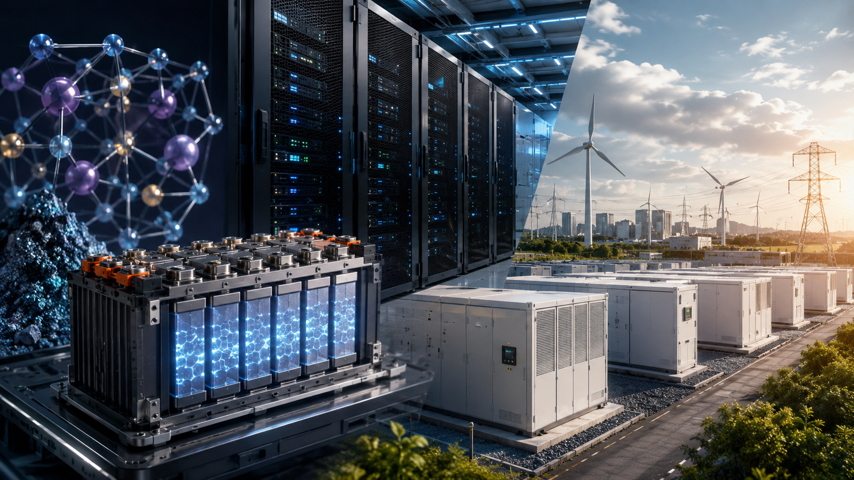 資料中心旁的電池儲能櫃與風力發電場並列，呈現鈉離子電池、AI 用電與再生能源儲能情境。