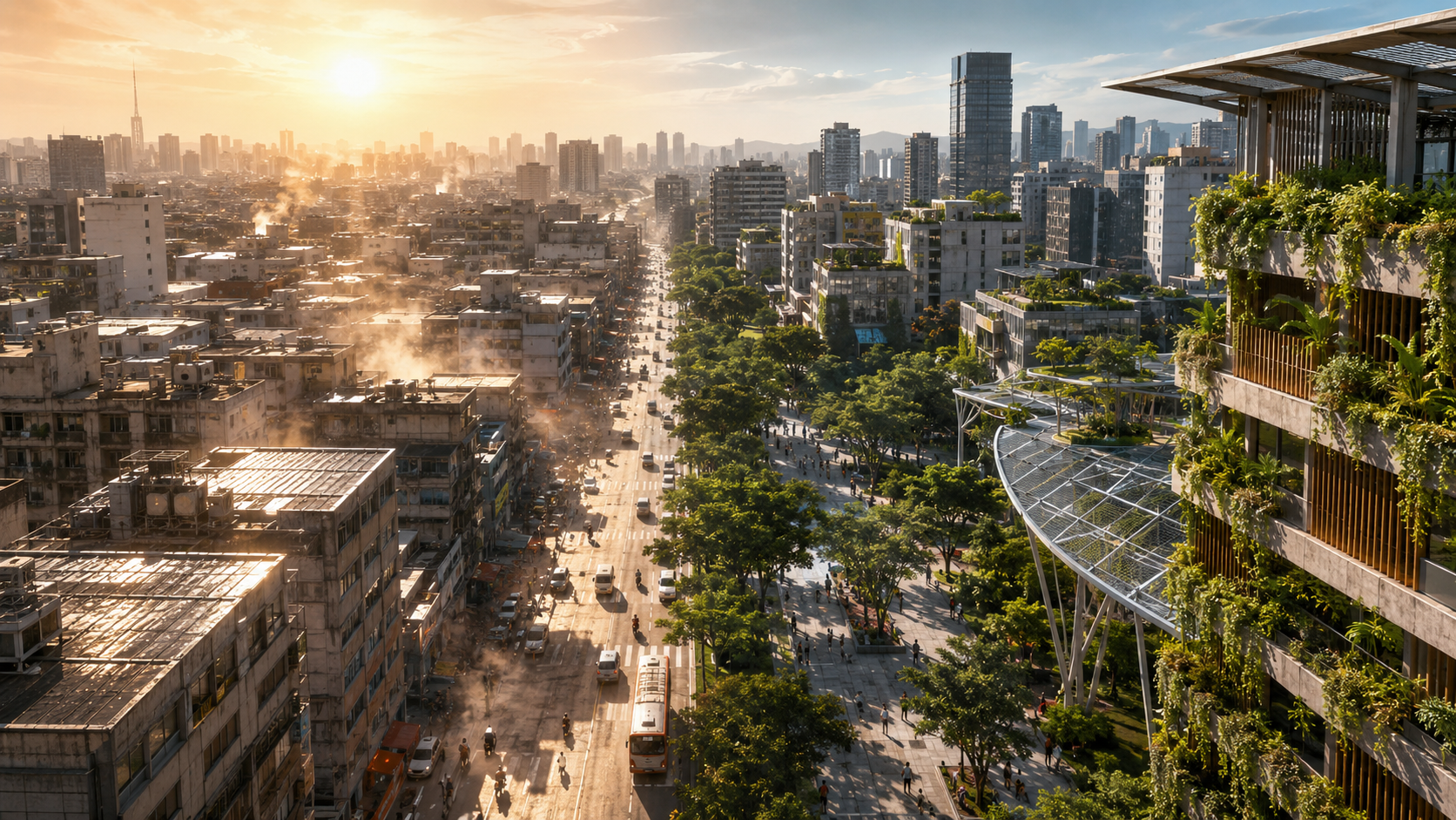 高溫城市街廓與綠建築立面並置,呈現都市熱島、遮蔭、植栽與建築冷卻公平議題。