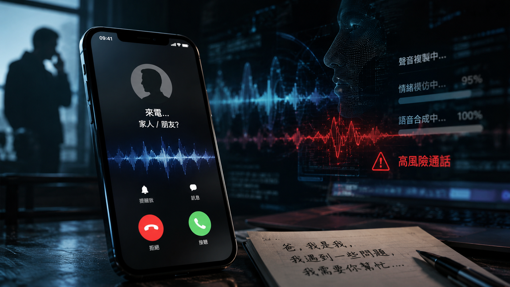 手機顯示高風險來電，背景有聲紋與警示介面，象徵 AI 語音複製、深偽通話與數位安全風險。