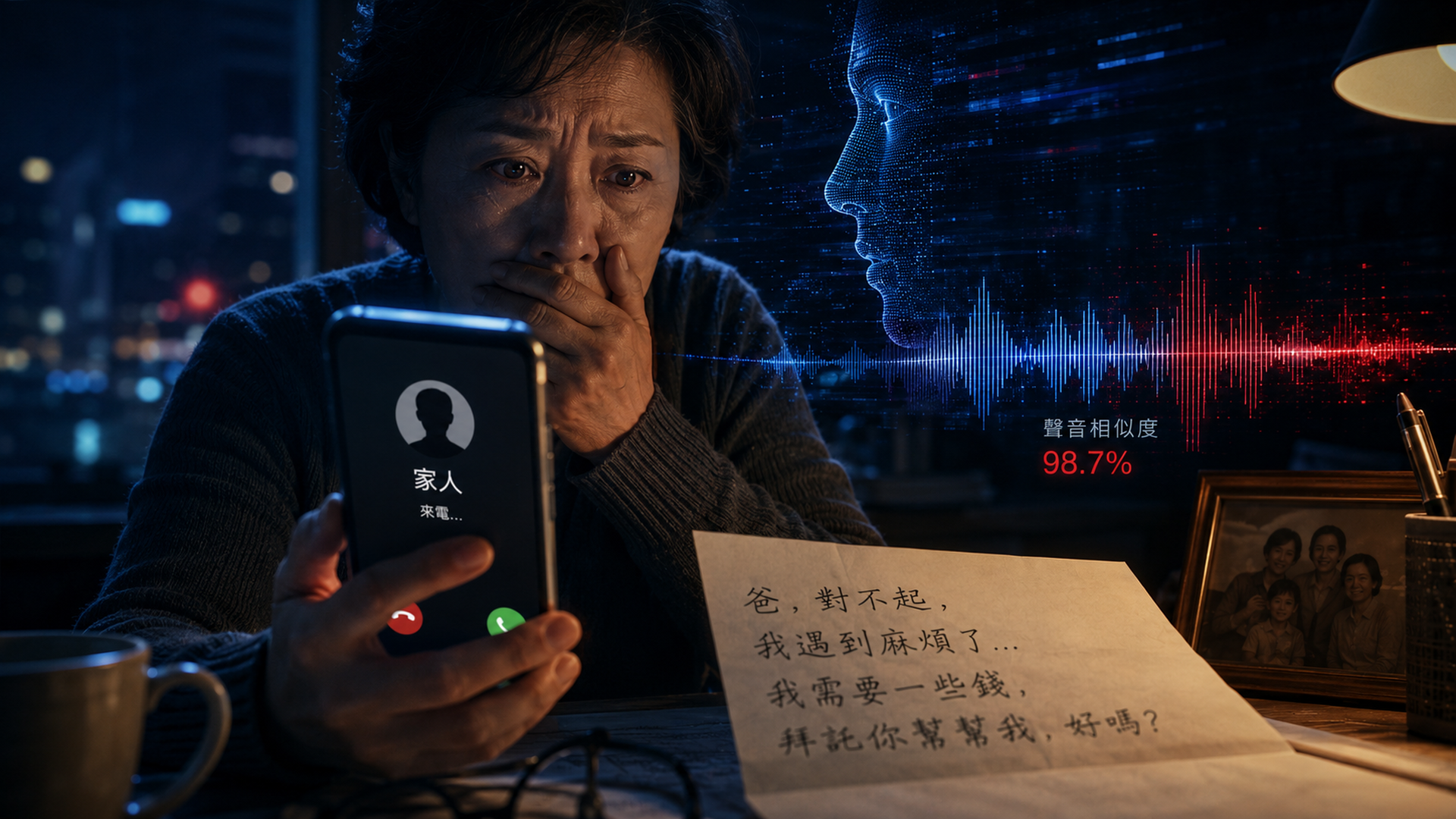 深色桌面上的智慧手機、陰影中的未知來電、聲波與詐騙風險的抽象視覺，無文字與無標誌。