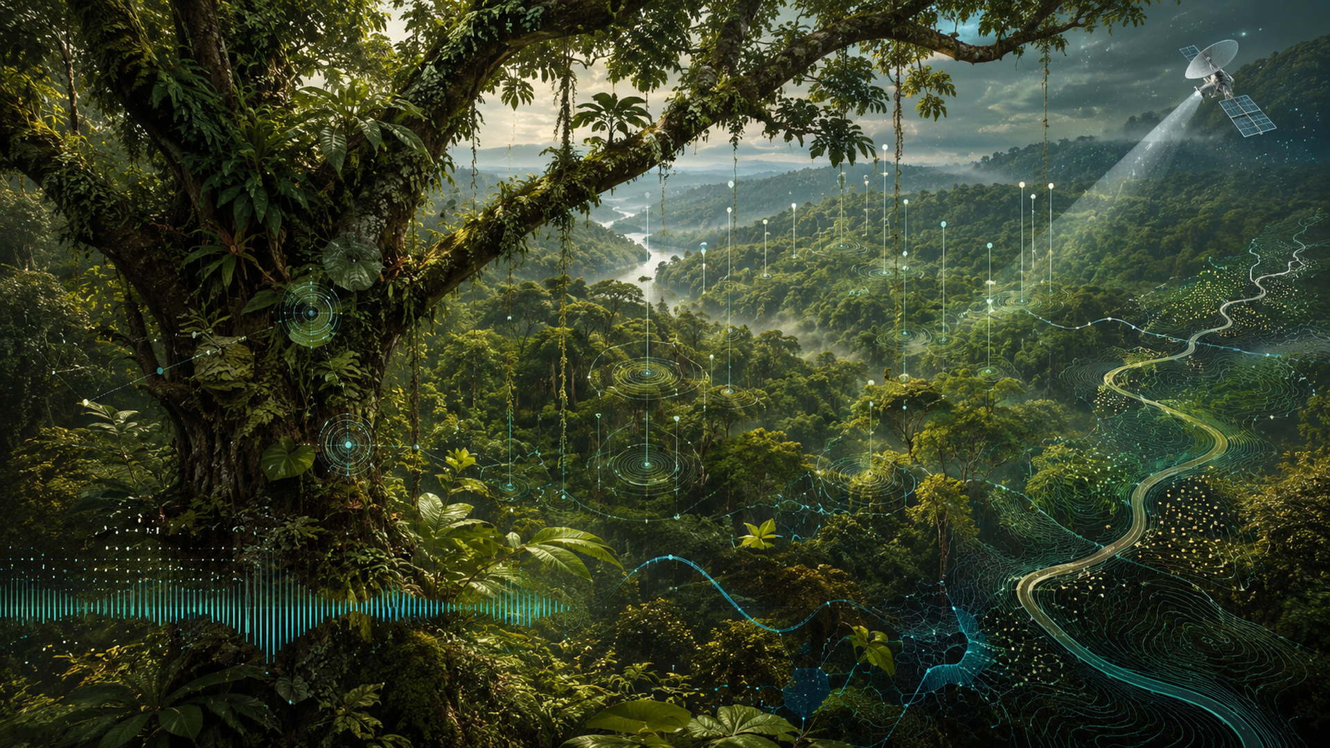 抽象森林冠層、聲波與資料節點交錯,呈現生物多樣性監測與資料主權意象,沒有文字。