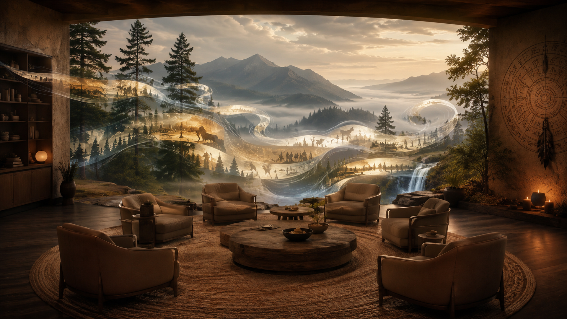 Abstract therapy room, mountain contours, dream light shadows interwoven with circular discussion space, no text, no portrait figures.