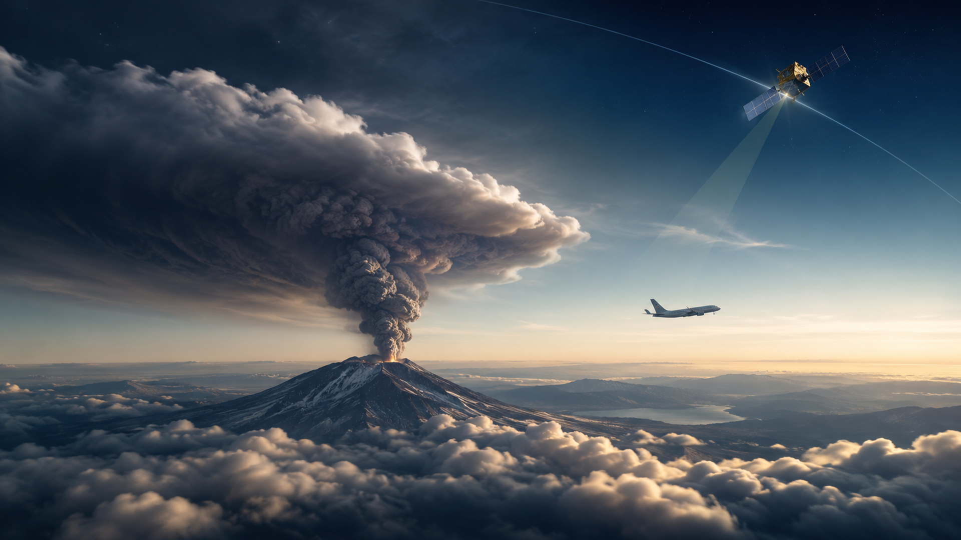 Distant volcano eruption forms ash cloud; satellite orbital light rays and aircraft silhouettes pass through sky edge; no text.