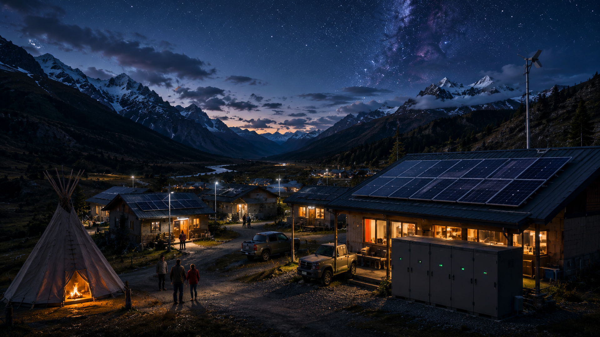 星空下的山地聚落，屋頂太陽能板、電池儲能櫃與溫暖燈光共同照亮道路，沒有文字與標誌。