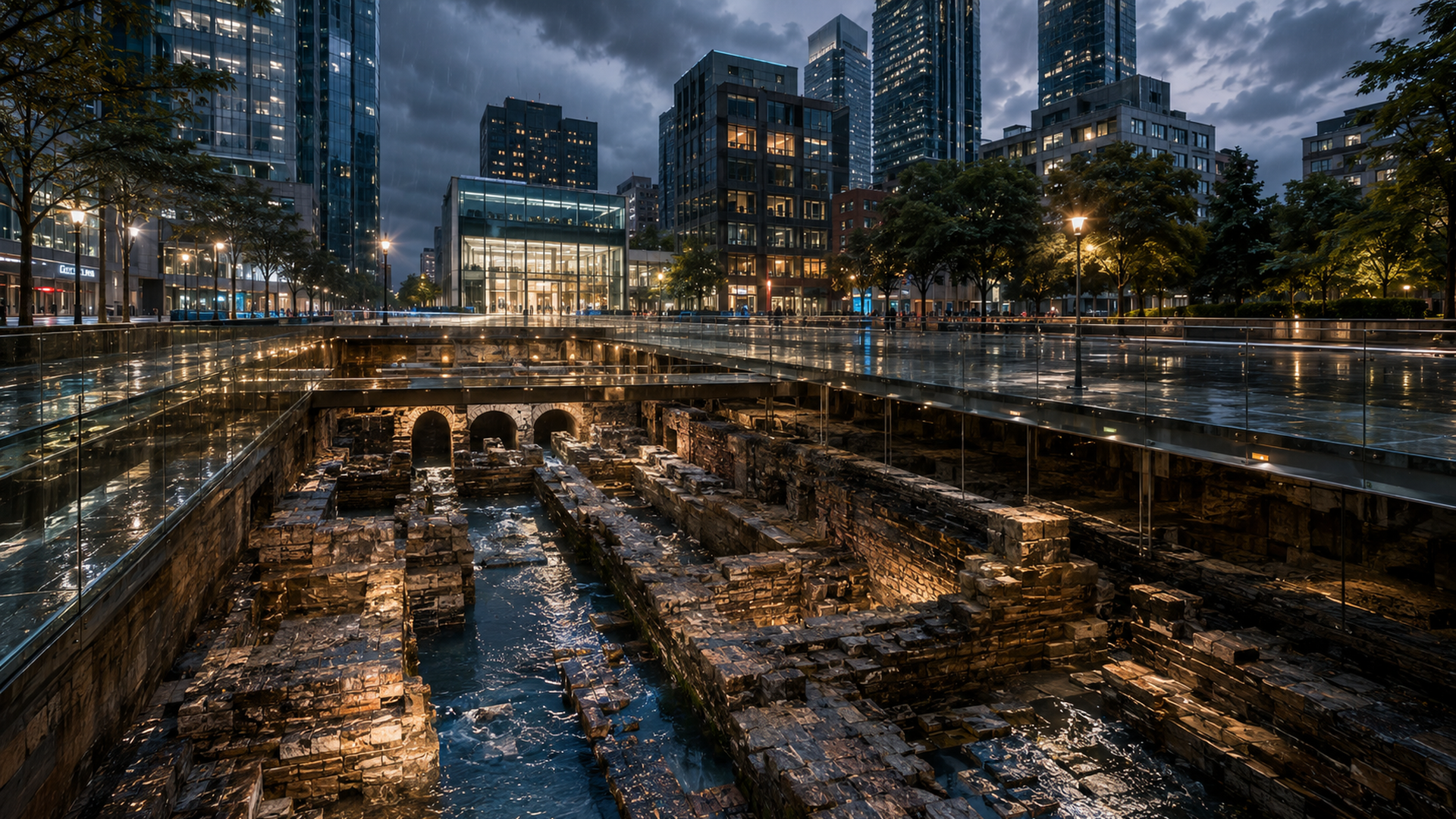 雨夜現代都市中，透明玻璃地面下可見古代磚石水道與地下遺構，沒有文字與標誌。
