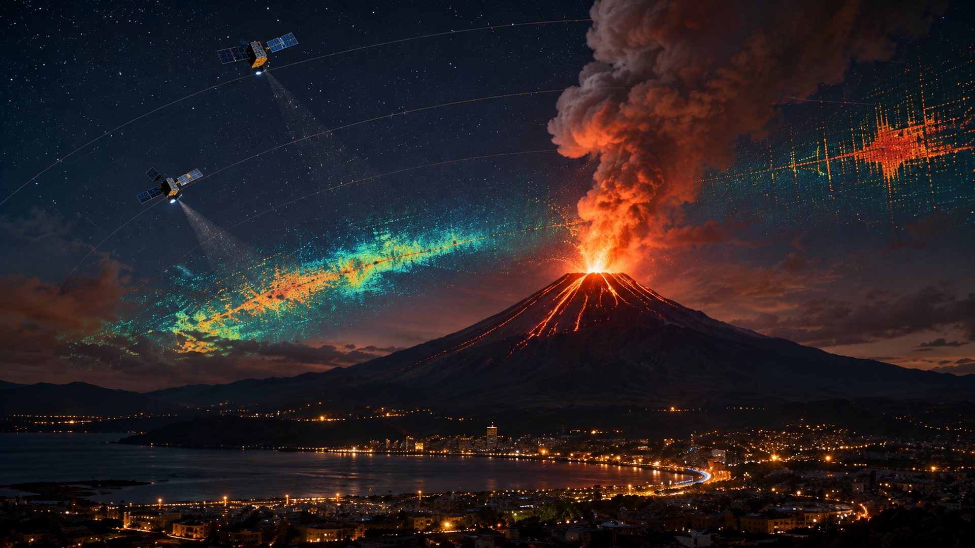 夜色下的火山城市，遠方火口噴發，空中有衛星與抽象遙測光軌，畫面沒有文字。