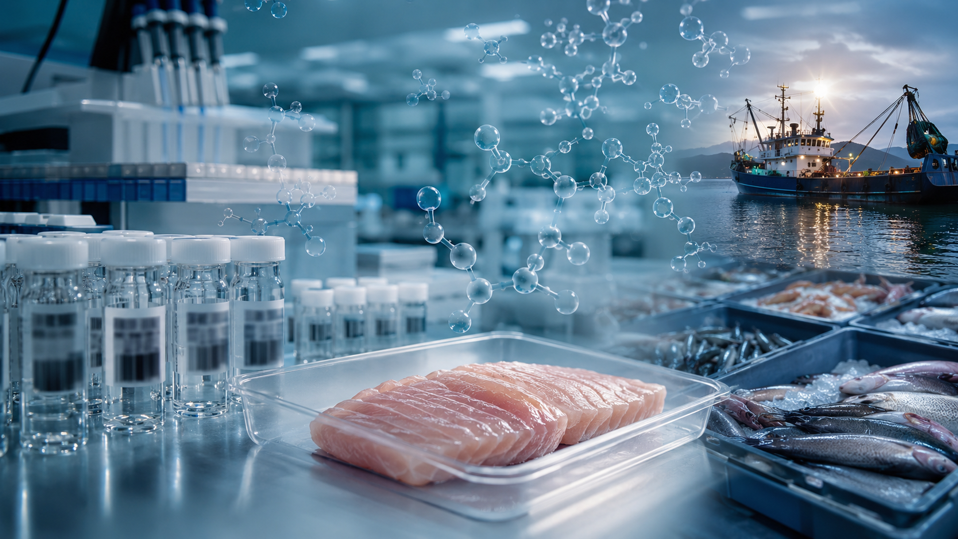 實驗室中的海鮮樣本、檢測瓶與抽象分子鏈,象徵 PFAS 食品安全檢測與供應鏈追溯。