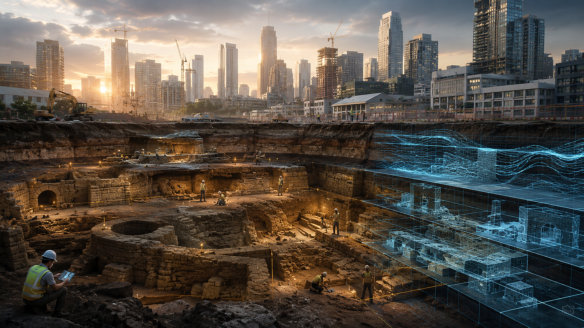Archaeological excavation site beneath modern city buildings, researchers working among underground structures, presenting overlapping layers of urban time.