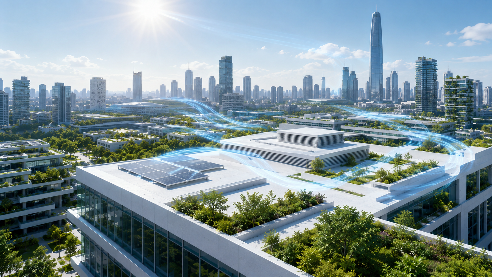 炎熱城市的白色與淺色屋頂反射陽光，藍色冷卻氣流沿建築上方流動
