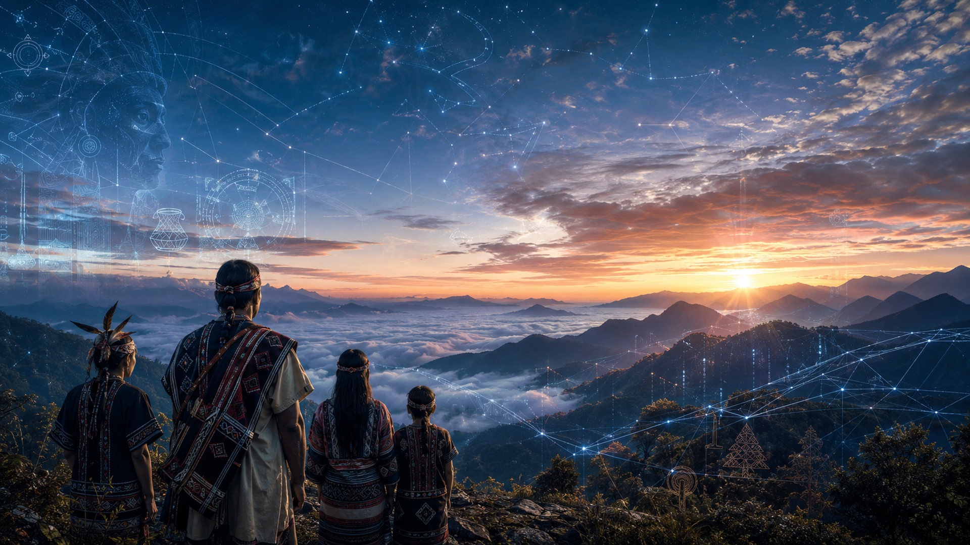 部落成員立於山稜曙光前，天空中浮現象徵星圖、知識網絡與宇宙觀的光紋。