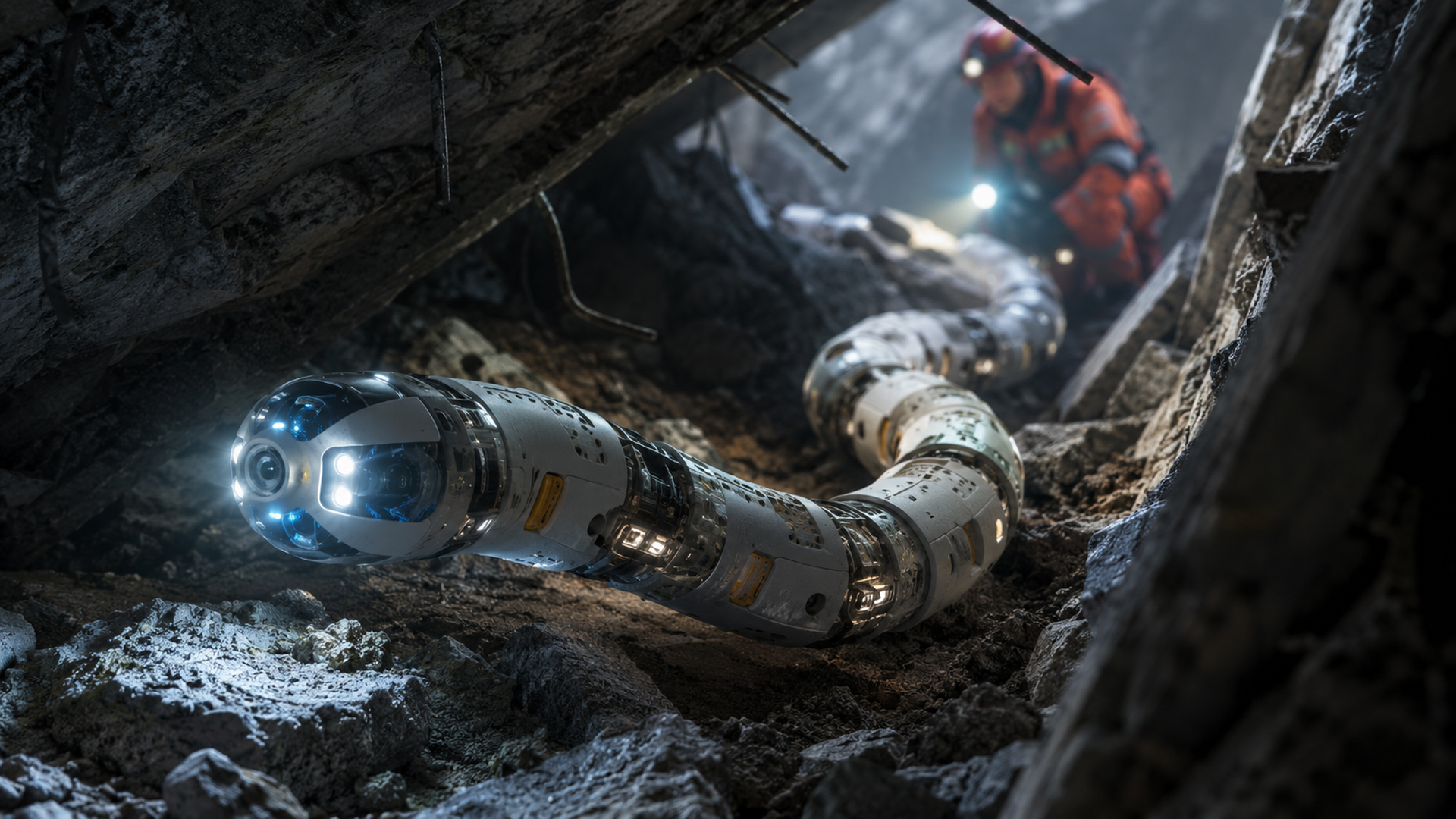 A flexible, snake-like search-and-rescue robot moves through a gap in a collapsed building as rescuers observe from a distance with lights.
