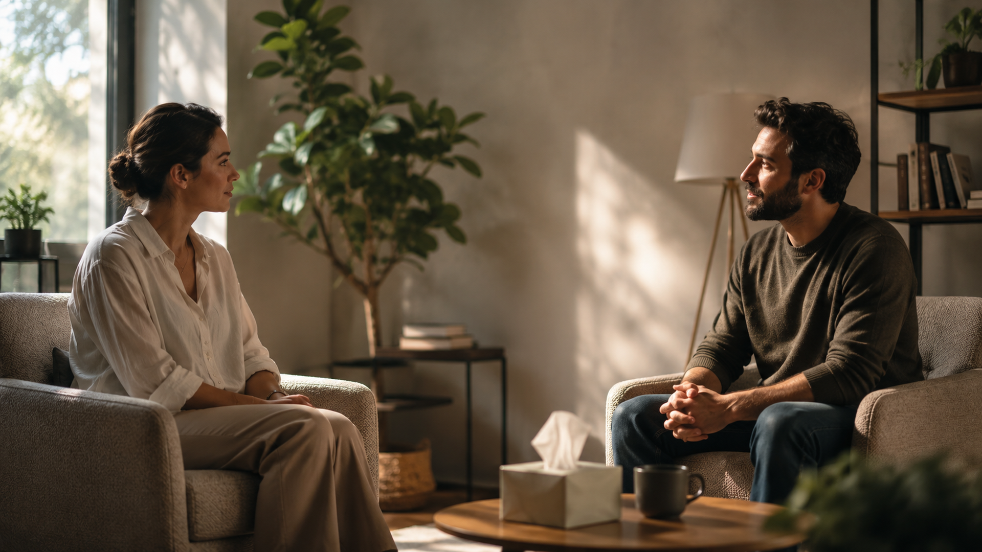 In a soft indoor space, two people sit quietly facing each other, expressions focused and peaceful.