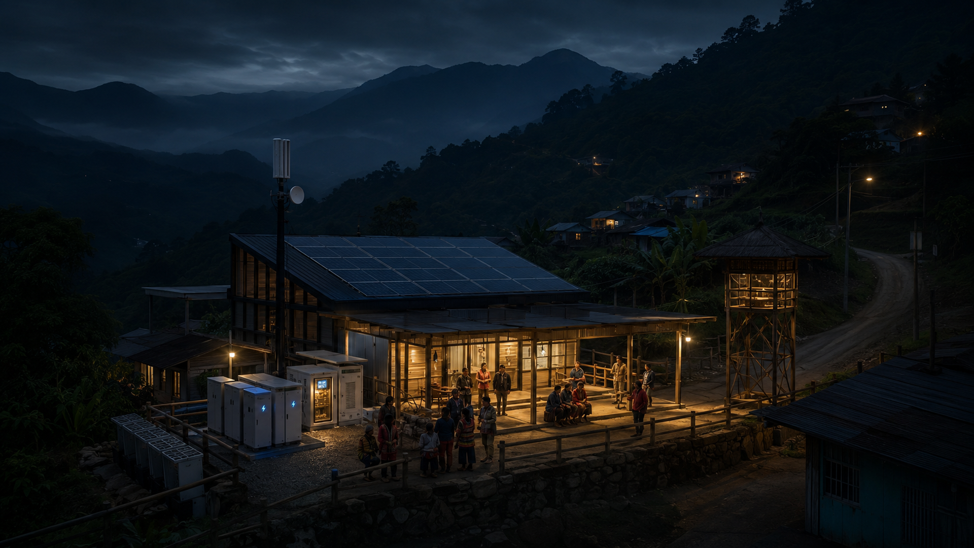 山區部落夜景中,一座有太陽能板與儲能設備的社區建築亮著燈,周圍居民聚集。