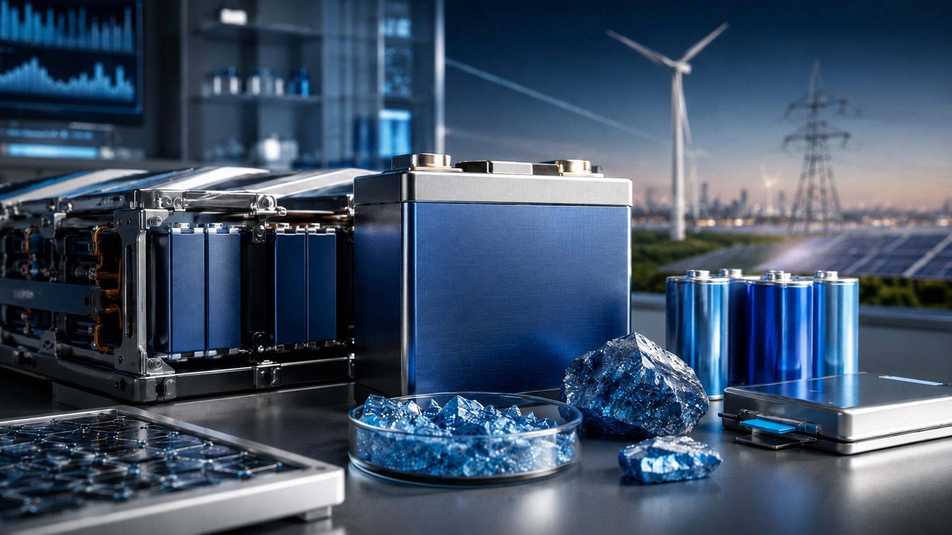 High-tech energy laboratory displaying blue battery modules and material crystals; wind and solar facilities visible outside the window.
