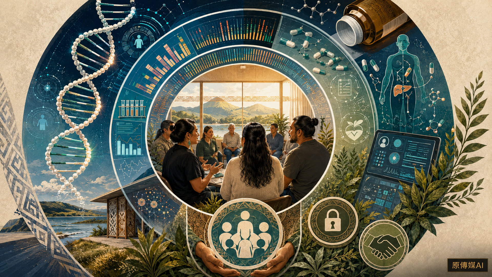 社群討論圓圈與 DNA、藥瓶、資料治理圖像交織